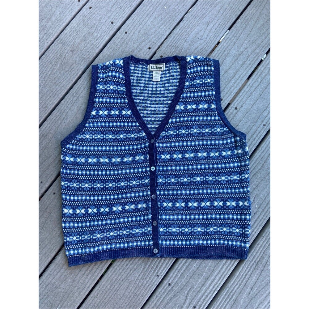 L.L.Bean Women's XL Fair Isle Cotton Sweater Vest Button Front Blue Scotland